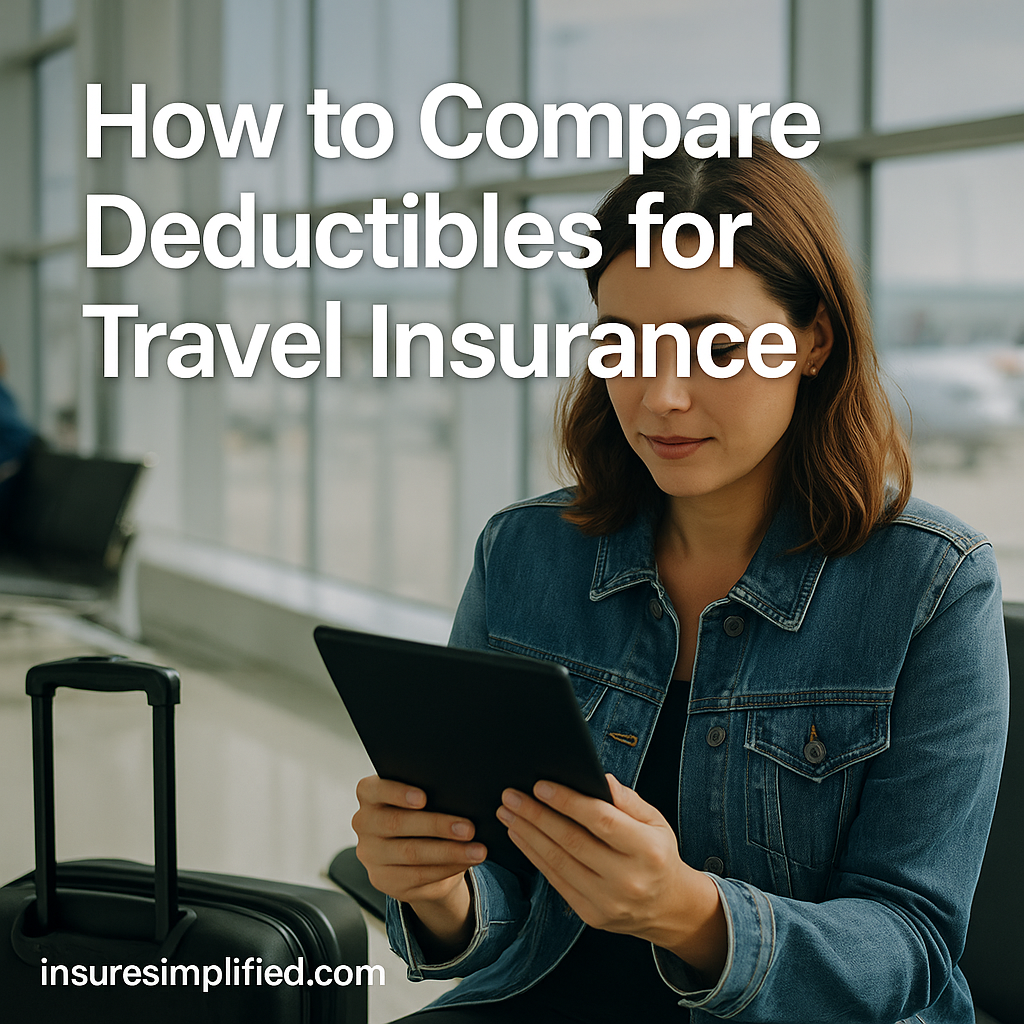 A woman sitting in an airport reviewing travel insurance deductible information on a digital device, with the article title displayed above her.
