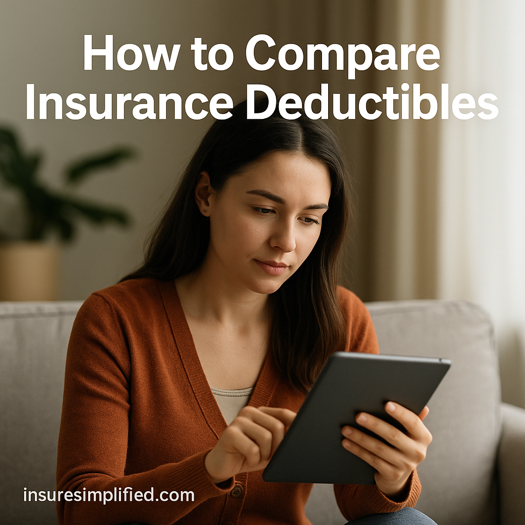 A woman sitting indoors reviewing general insurance deductible information on a digital device, with the article title displayed above her.