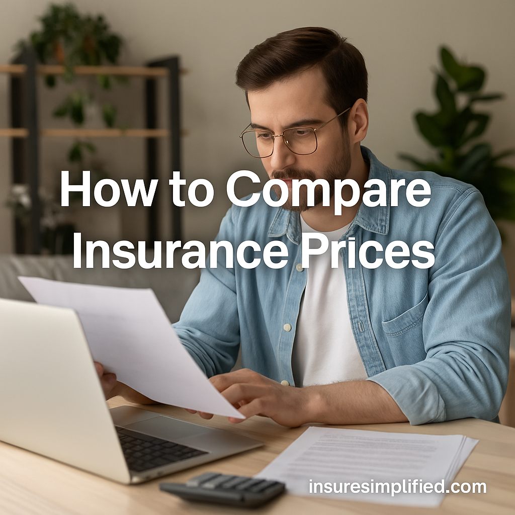 Young man sitting at a table reviewing documents and comparing insurance prices on his laptop, with the overlaid title “How to Compare Insurance Prices” and an insuresimplified.com watermark.