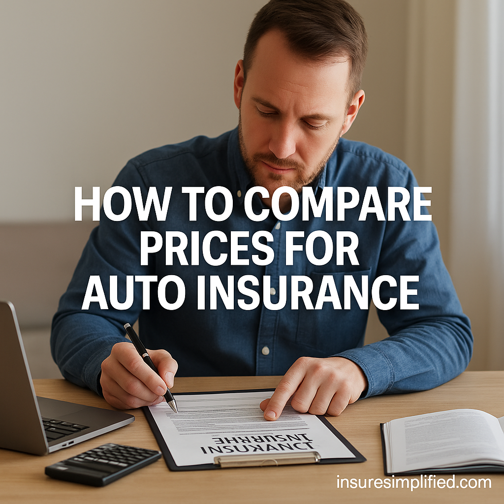 Man reviewing an auto insurance document at a desk with a laptop and calculator, with the title “How to Compare Prices for Auto Insurance” overlaid and an insuresimplified.com watermark.