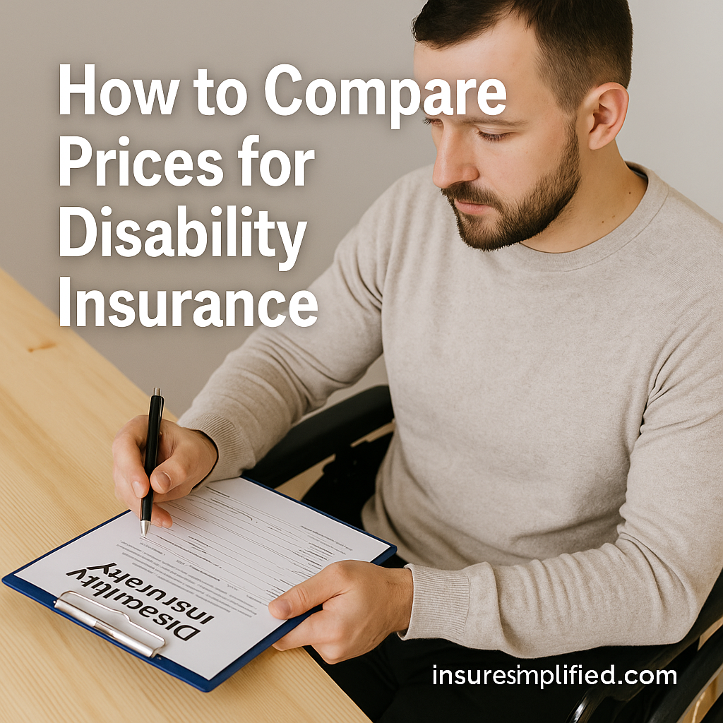 Man reviewing a disability insurance document on a clipboard while holding a pen, with the title “How to Compare Prices for Disability Insurance” and an insuresimplified.com watermark.