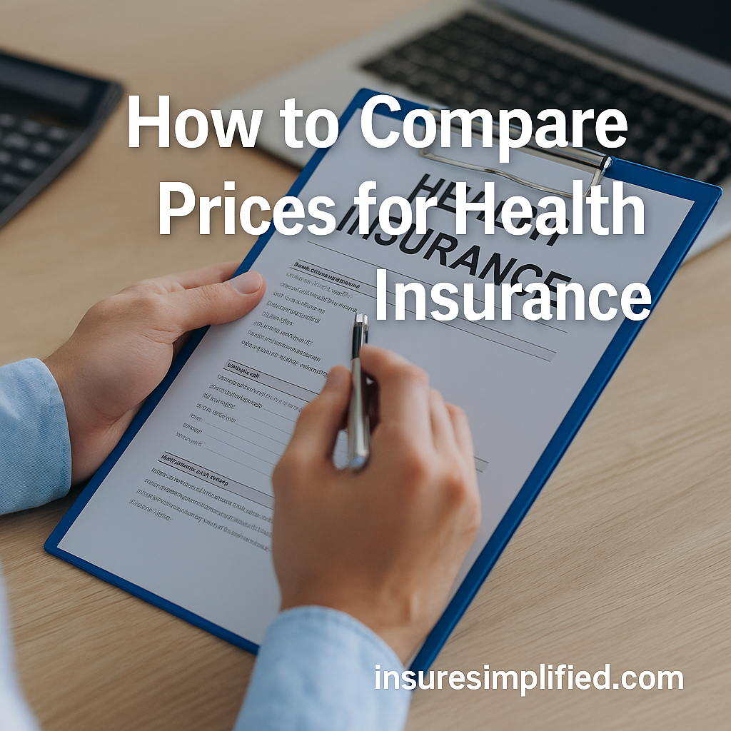 Close-up of a person reviewing a health insurance policy on a clipboard at a desk, with the overlaid title “How to Compare Prices for Health Insurance” and an insuresimplified.com watermark.