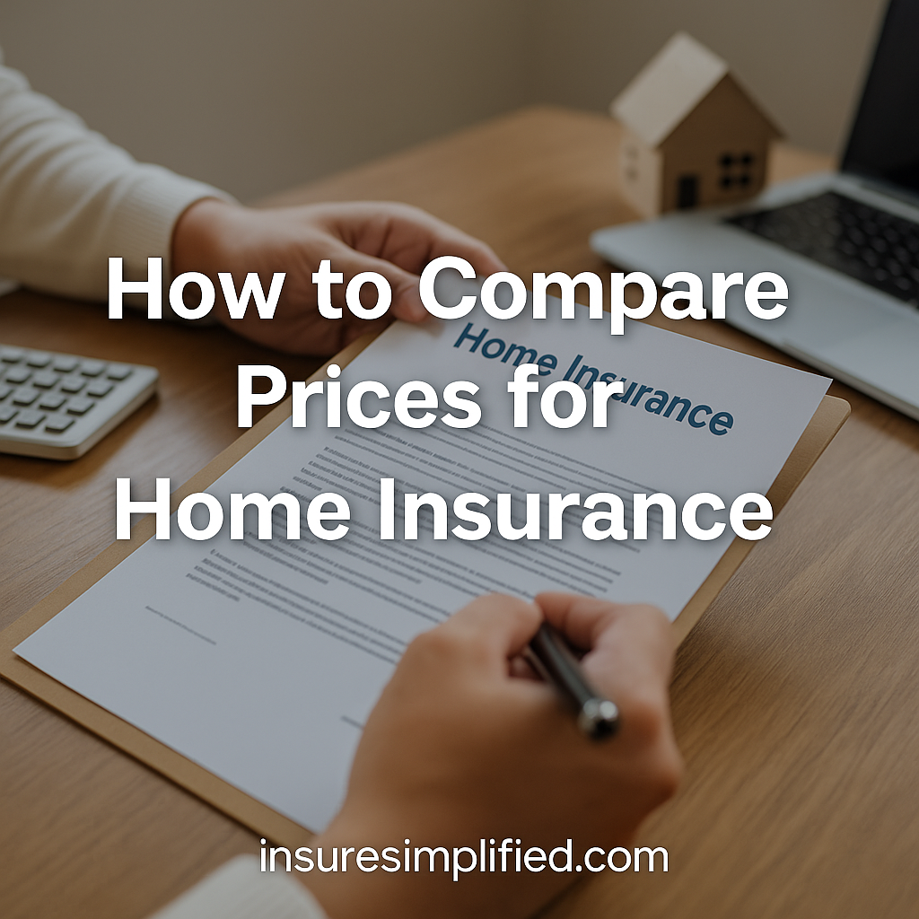 Person reviewing a home insurance document on a clipboard at a desk with a calculator and a small wooden house model, featuring the title “How to Compare Prices for Home Insurance” and an insuresimplified.com watermark.