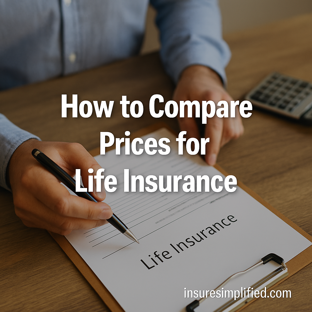 Man reviewing a life insurance document on a clipboard while holding a pen, with the overlaid title “How to Compare Prices for Life Insurance” and an insuresimplified.com watermark.