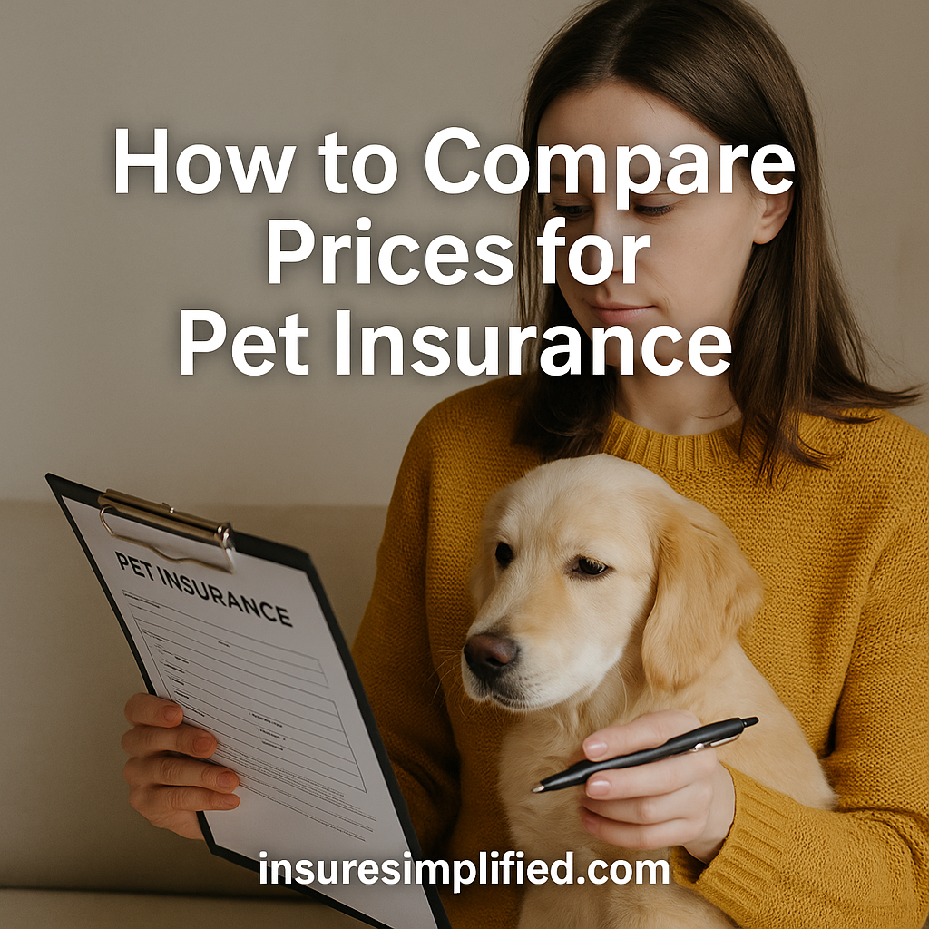 Woman reviewing a pet insurance form on a clipboard while holding her golden retriever, with the title “How to Compare Prices for Pet Insurance” and an insuresimplified.com watermark.