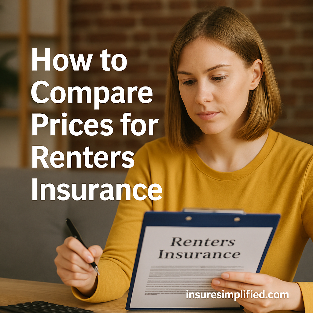 Young woman reviewing a renters insurance document on a clipboard while holding a pen, with the title “How to Compare Prices for Renters Insurance” and an insuresimplified.com watermark.
