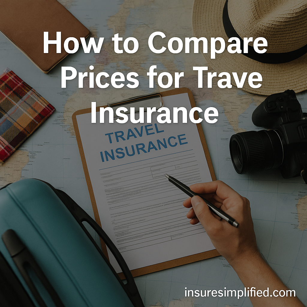 Travel essentials arranged on a world map with a hand holding a pen above a travel insurance form on a clipboard, featuring the overlaid title “How to Compare Prices for Travel Insurance” and an insuresimplified.com watermark.