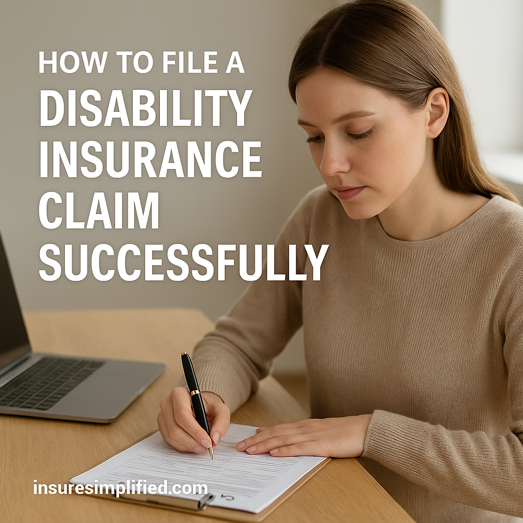 Woman completing a disability insurance claim form at a desk with a laptop, shown under the title “How to File a Disability Insurance Claim Successfully.”.