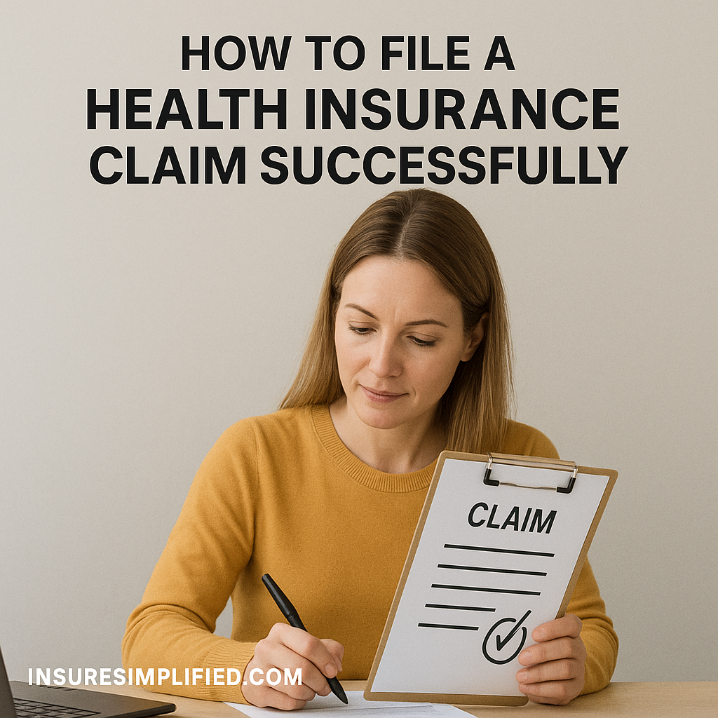 Woman filling out a health insurance claim form at a desk with a laptop, shown under the title “How to File a Health Insurance Claim Successfully.”.
