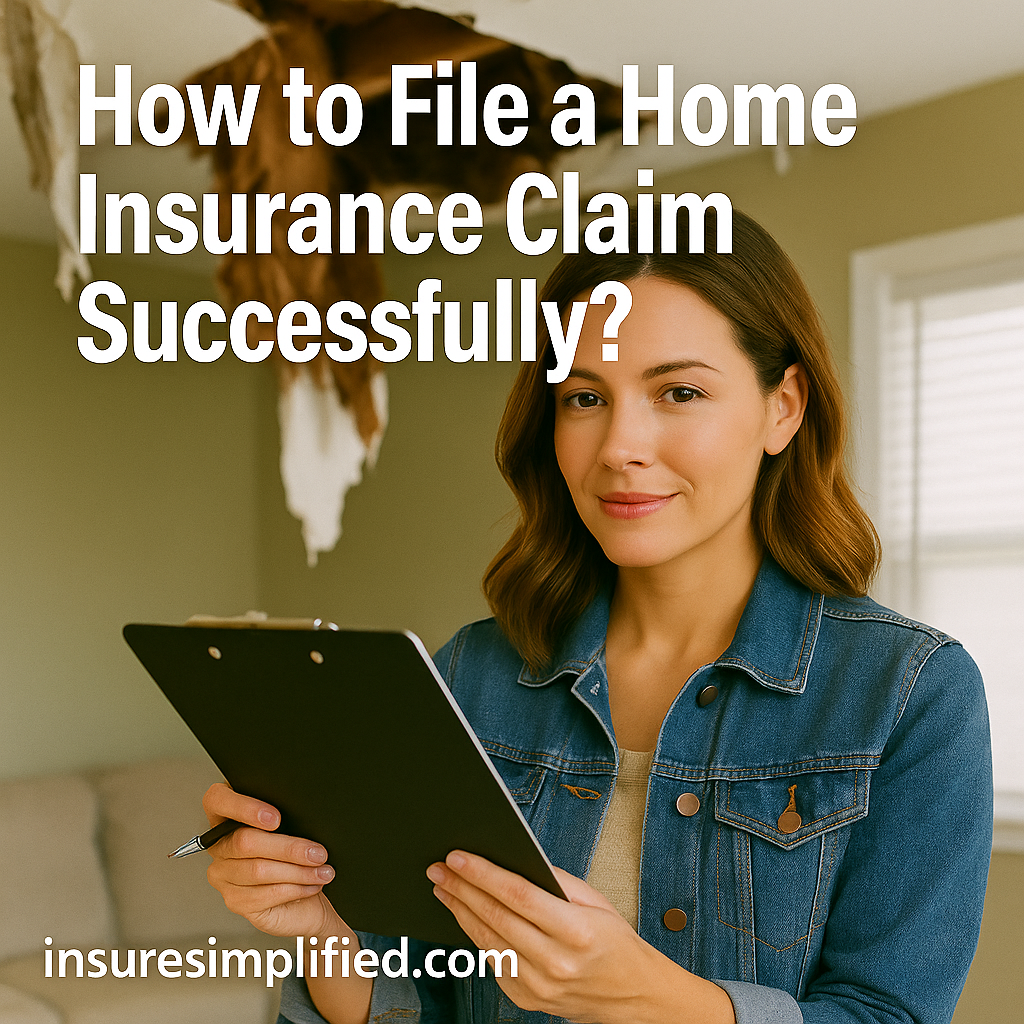 A blonde woman standing outside her home while talking on the phone and holding a clipboard, with the text “How to File a Home Insurance Claim Successfully” displayed above and the insuresimplified.com watermark at the bottom.