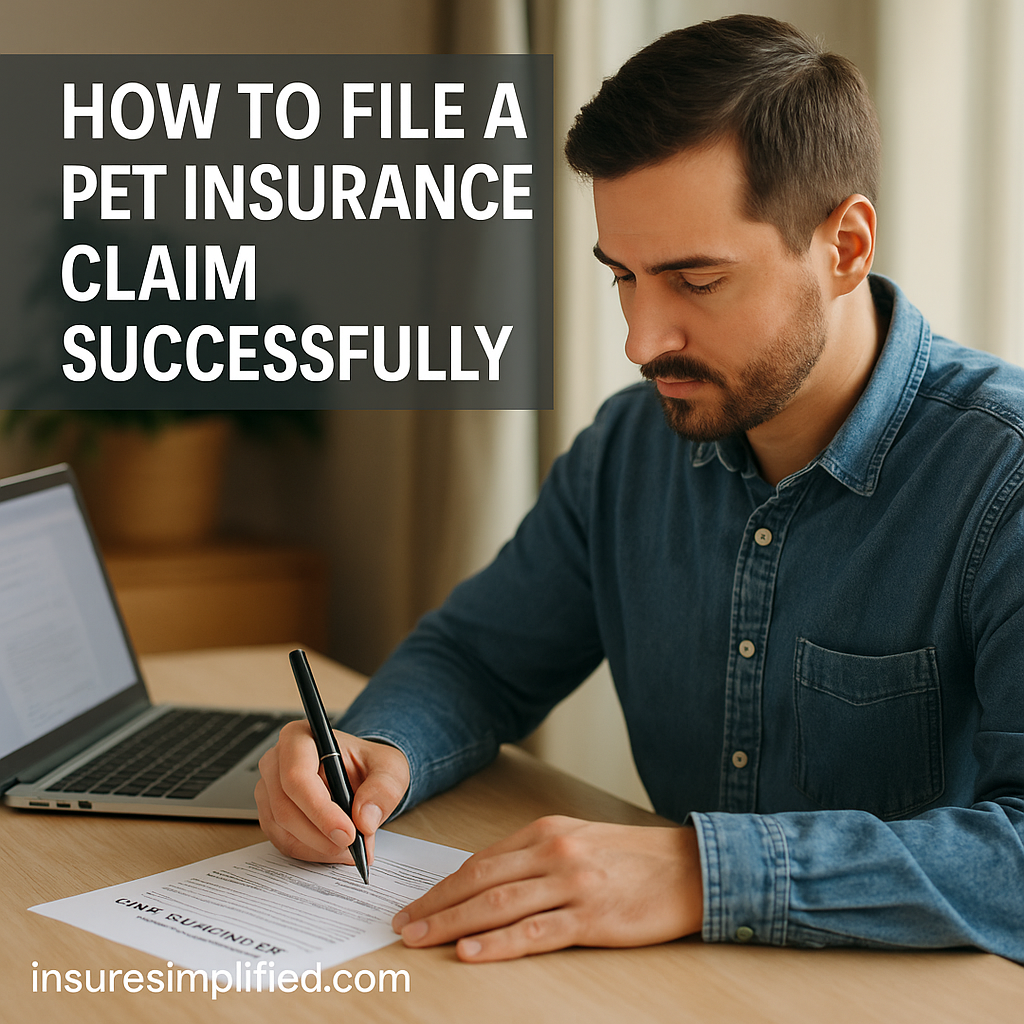 Man filling out a pet insurance claim form at a desk with a laptop, shown under the title “How to File a Pet Insurance Claim Successfully.”.