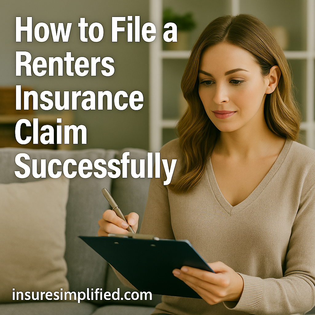 A woman sitting on a couch in a cozy living room, holding a clipboard and pen while reviewing documents, with the text “How to File a Renters Insurance Claim Successfully” displayed above and the insuresimplified.com watermark at the bottom.