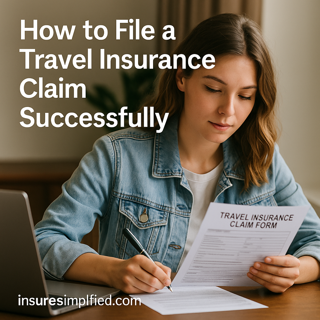 Woman filling out a travel insurance claim form at a desk with a laptop, shown under the title “How to File a Travel Insurance Claim Successfully.”.
