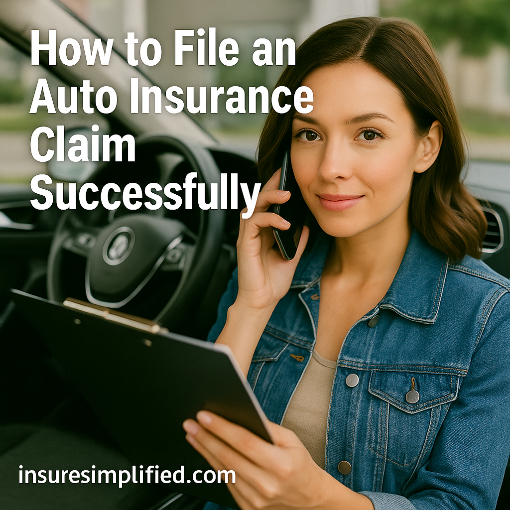 A woman sitting in her car holding a clipboard and talking on the phone, with the text “How to File an Auto Insurance Claim Successfully” displayed above and the insuresimplified.com watermark at the bottom.