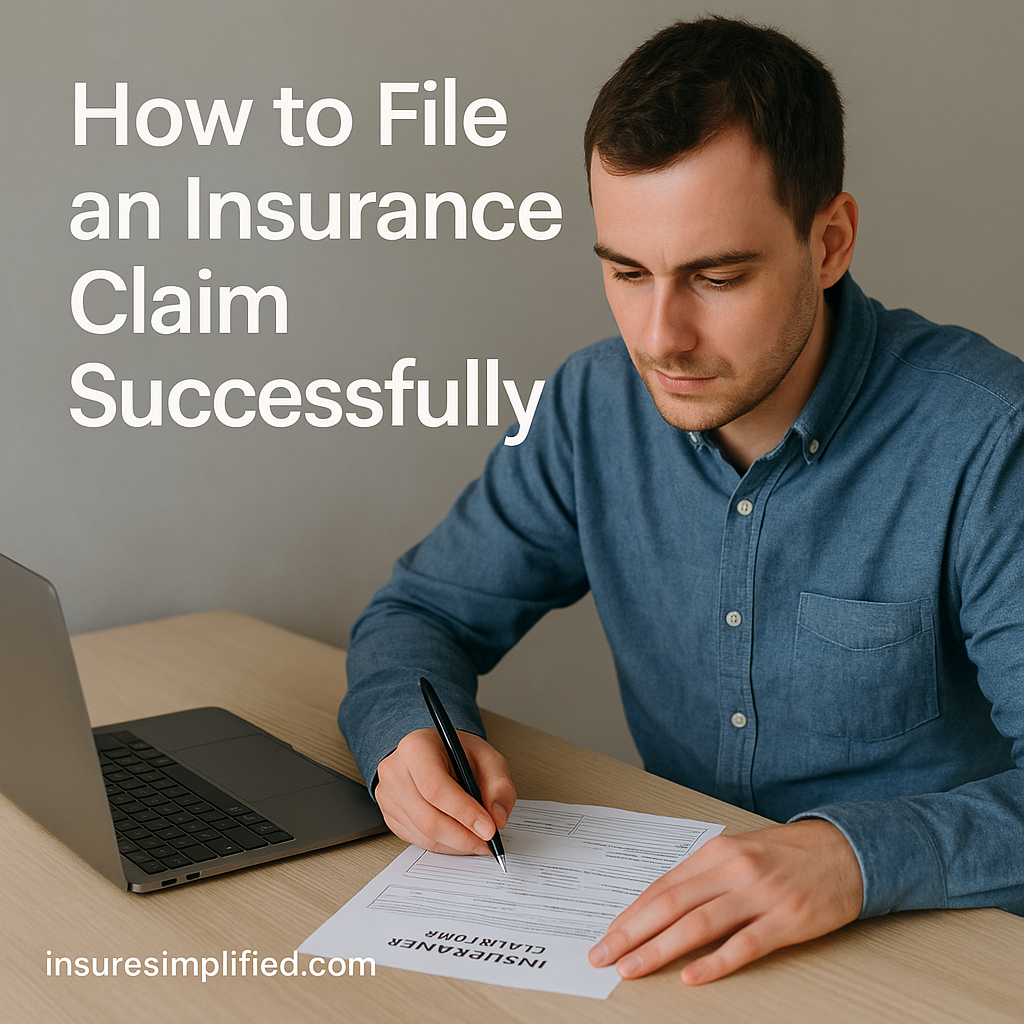 Man completing an insurance claim form at a desk with a laptop, shown under the title “How to File an Insurance Claim Successfully.”.