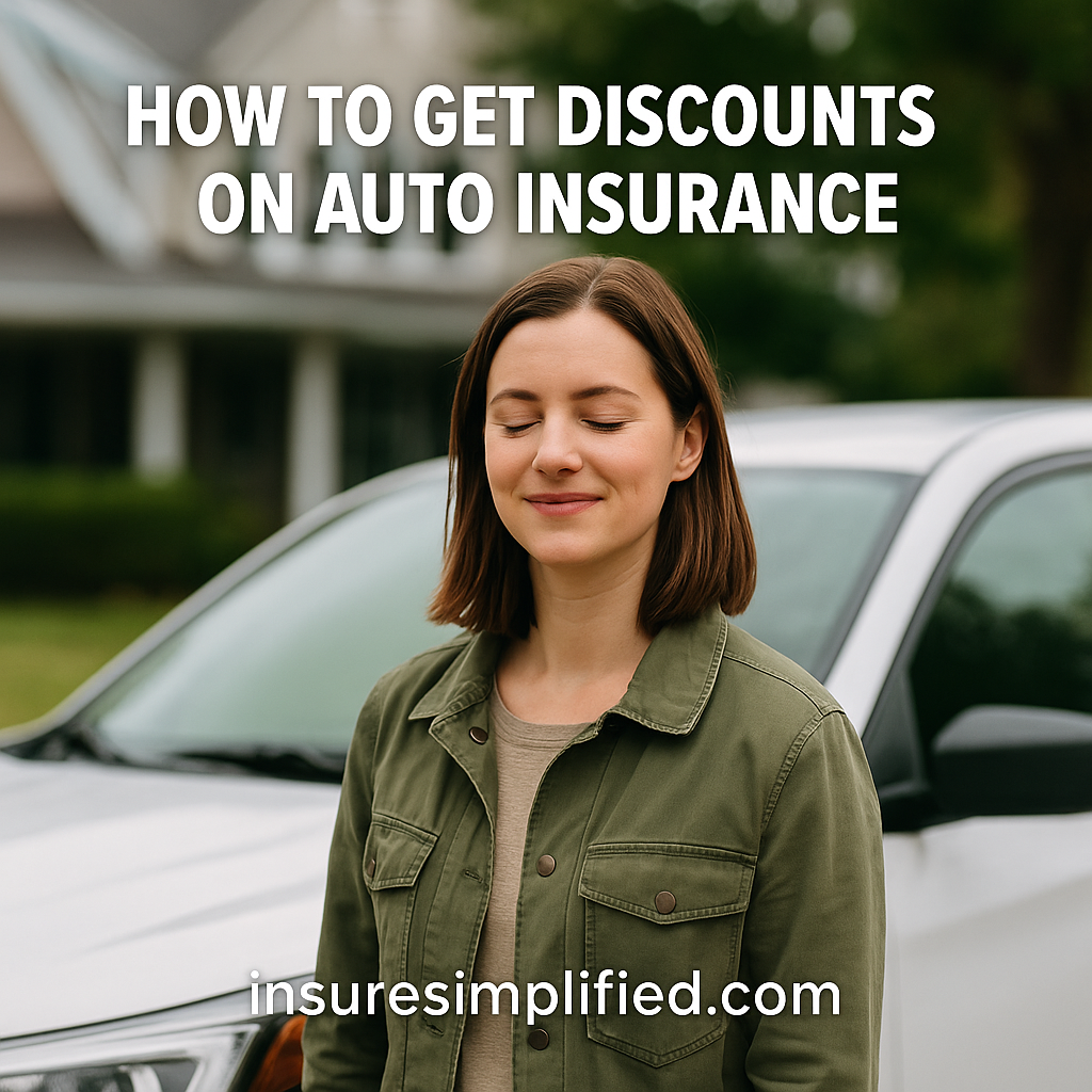 Woman standing outdoors beside a white car with text promoting how to get discounts on auto insurance for InsureSimplified.com.