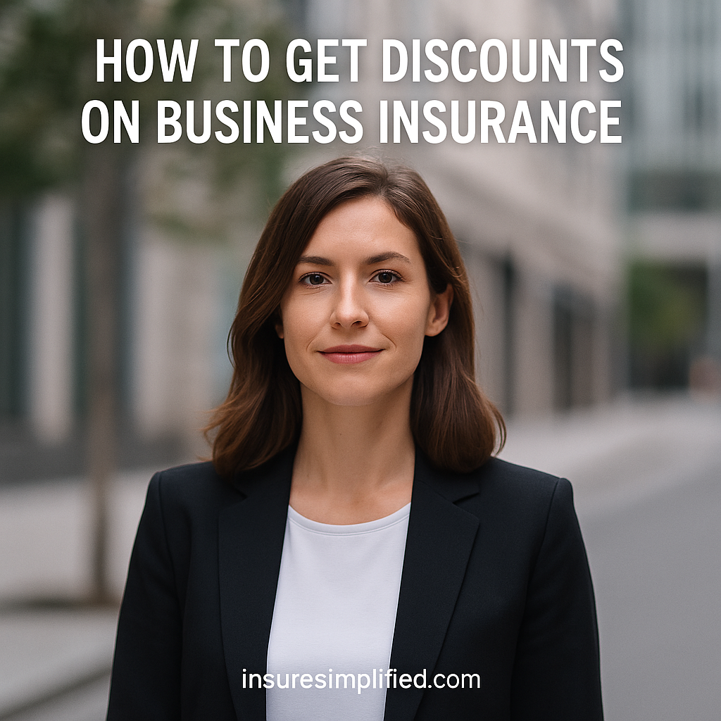 Professional woman standing outdoors in a city setting with text promoting how to get discounts on business insurance for InsureSimplified.com.