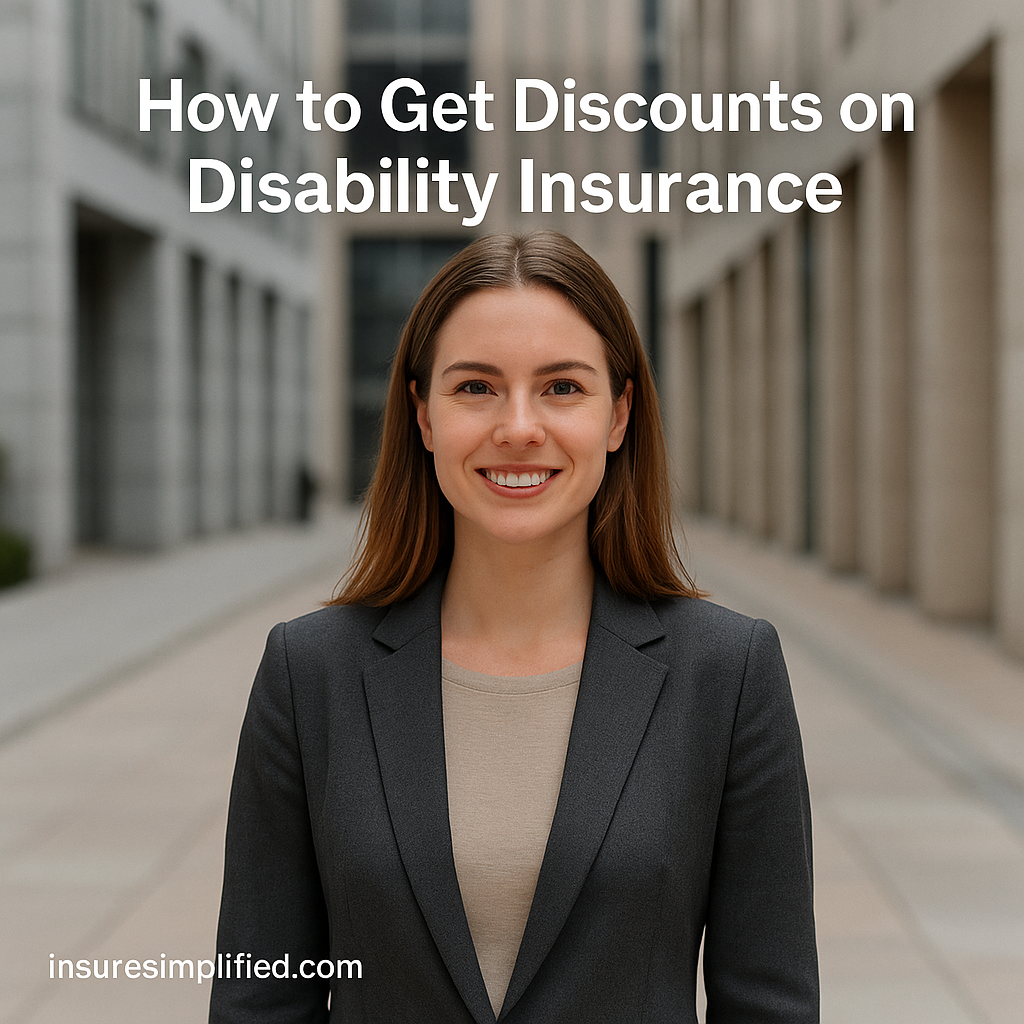 Woman standing outdoors in an urban setting, smiling while wearing a blazer, with text promoting how to get discounts on disability insurance for InsureSimplified.com.