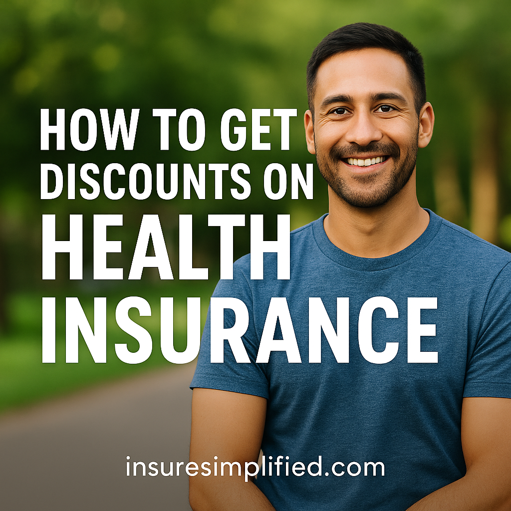 Man smiling outdoors in a park setting with text promoting how to get discounts on health insurance for InsureSimplified.com.
