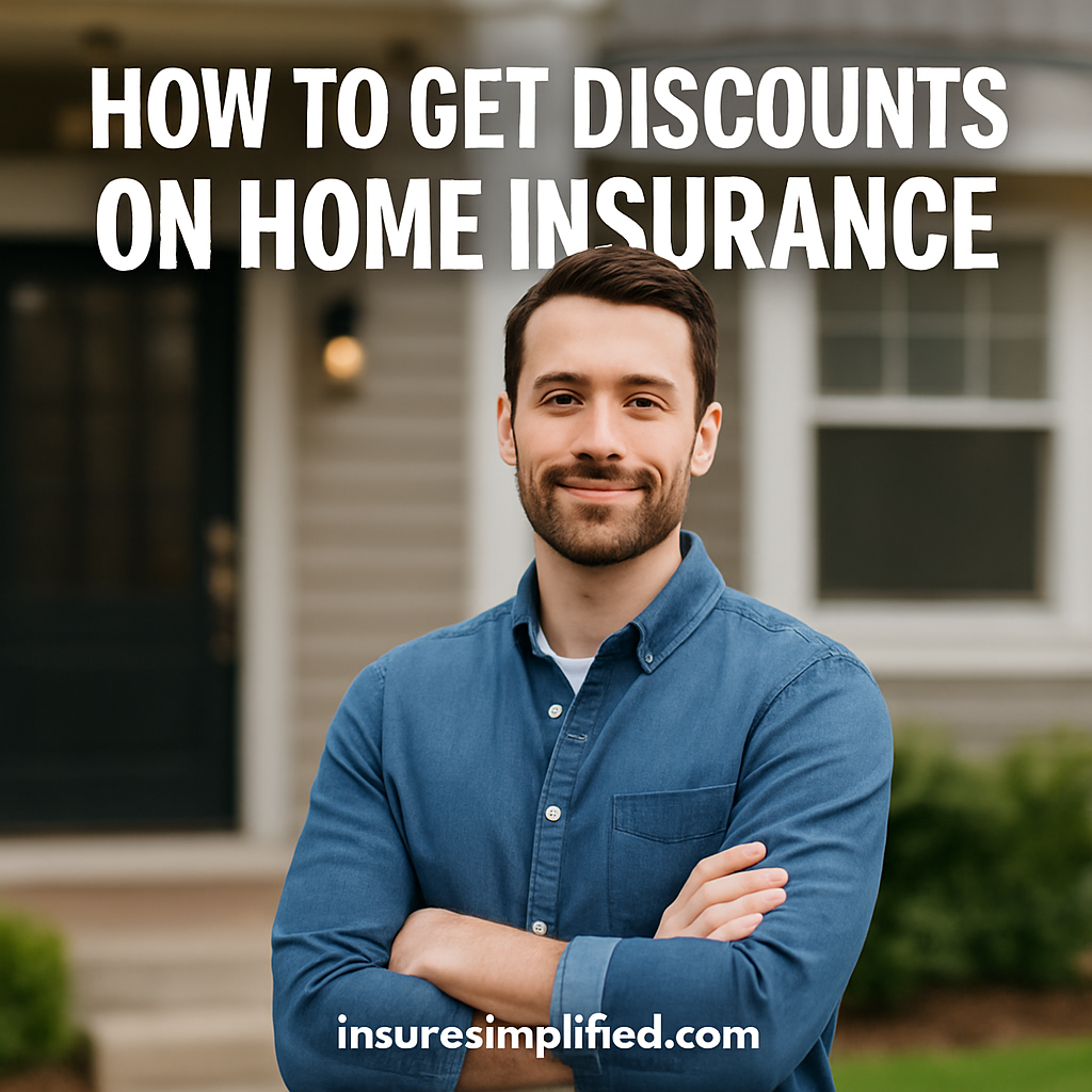 Man standing with folded arms in front of a suburban home with text promoting how to get discounts on home insurance for InsureSimplified.com.