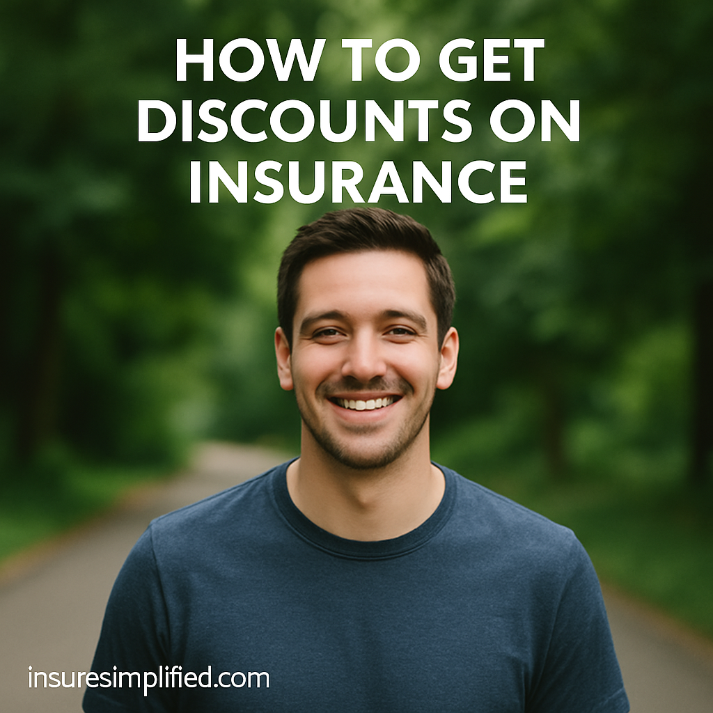 Smiling man standing outdoors on a tree-lined path with text promoting how to get discounts on insurance for InsureSimplified.com.