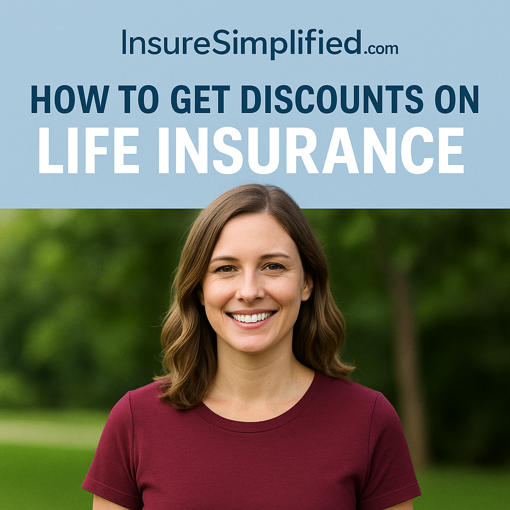 Woman smiling outdoors with text promoting how to get discounts on life insurance for InsureSimplified.com.