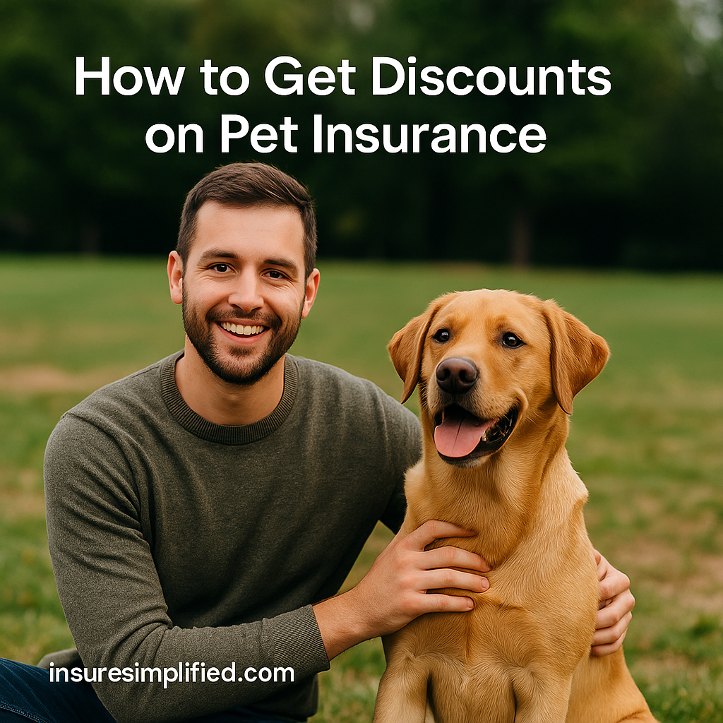 Man sitting outdoors in a park with a happy golden-brown dog, with text promoting how to get discounts on pet insurance for InsureSimplified.com.
