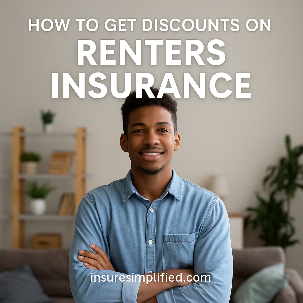 Young man standing in a living room with text promoting how to get discounts on renters insurance for InsureSimplified.com.