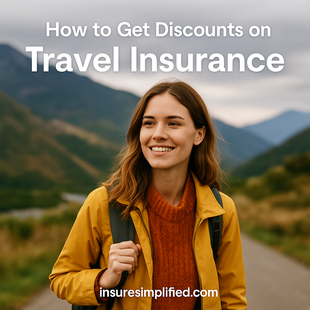 Woman outdoors in a scenic mountain setting with text promoting how to get discounts on travel insurance for InsureSimplified.com.