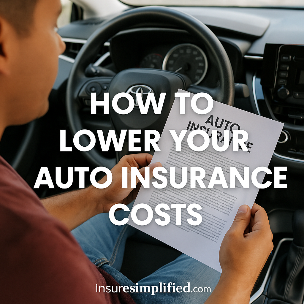 Man sitting in a parked car reviewing an auto insurance document, with the overlaid title “How to Lower Your Auto Insurance Costs” and an insuresimplified.com watermark.