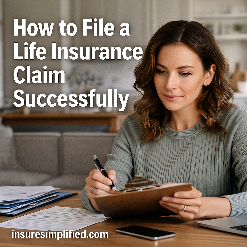 Confident businesswoman smiling with an insurance cost-saving title overlay and insuresimplified.com watermark.