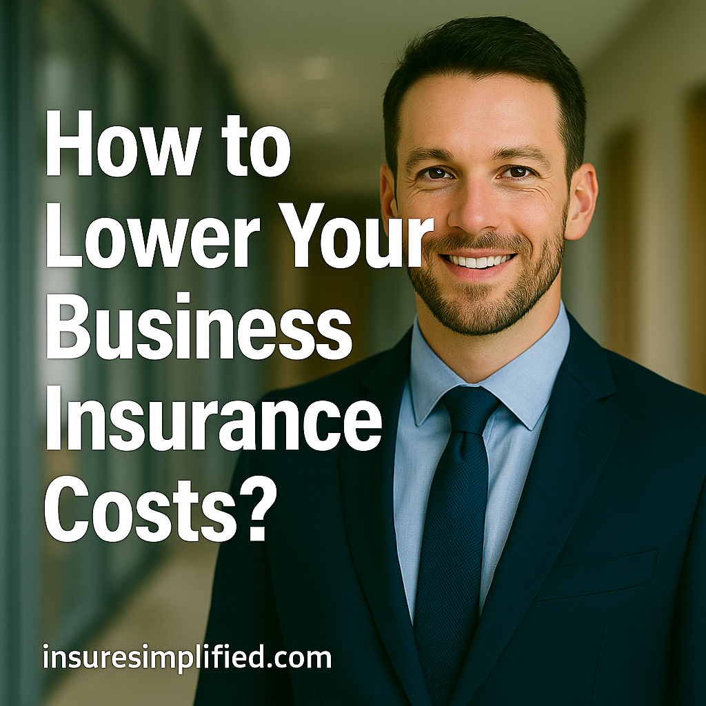 A confident businessman in a navy suit smiling in a modern office hallway, with the title “How to Lower Your Business Insurance Costs?” displayed over the image and the insuresimplified.com watermark at the bottom.
