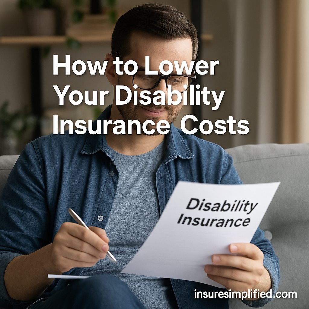 Man sitting on a couch reviewing a Disability Insurance document with a pen in hand, featuring the overlaid title “How to Lower Your Disability Insurance Costs” and an insuresimplified.com watermark.