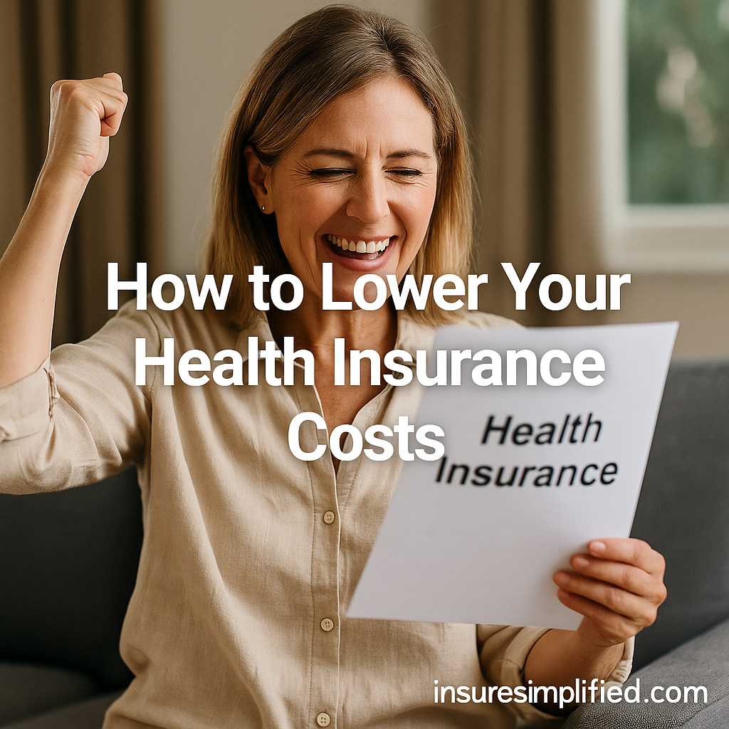Middle-aged woman smiling while reviewing a Health Insurance document and raising her fist in excitement, featuring the overlaid title “How to Lower Your Health Insurance Costs” and an insuresimplified.com watermark.