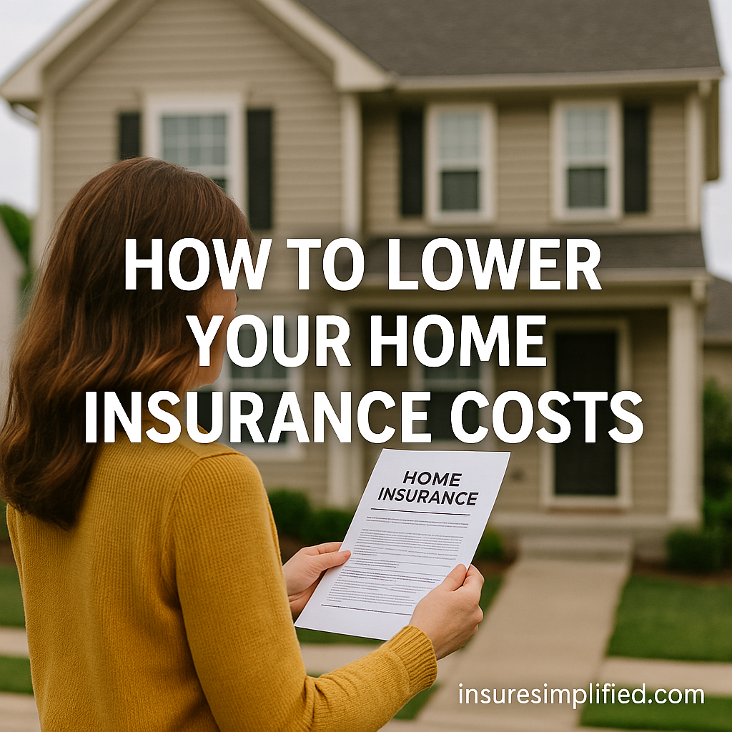 Woman standing outside her home reviewing a Home Insurance document, with the overlaid title “How to Lower Your Home Insurance Costs” and an insuresimplified.com watermark.