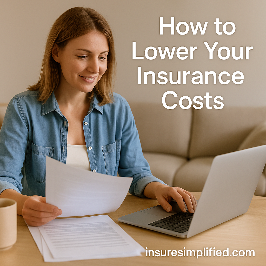 Woman in her 30s reviewing insurance documents at a table while working on a laptop, with the overlaid title “How to Lower Your Insurance Costs” and an insuresimplified.com watermark.