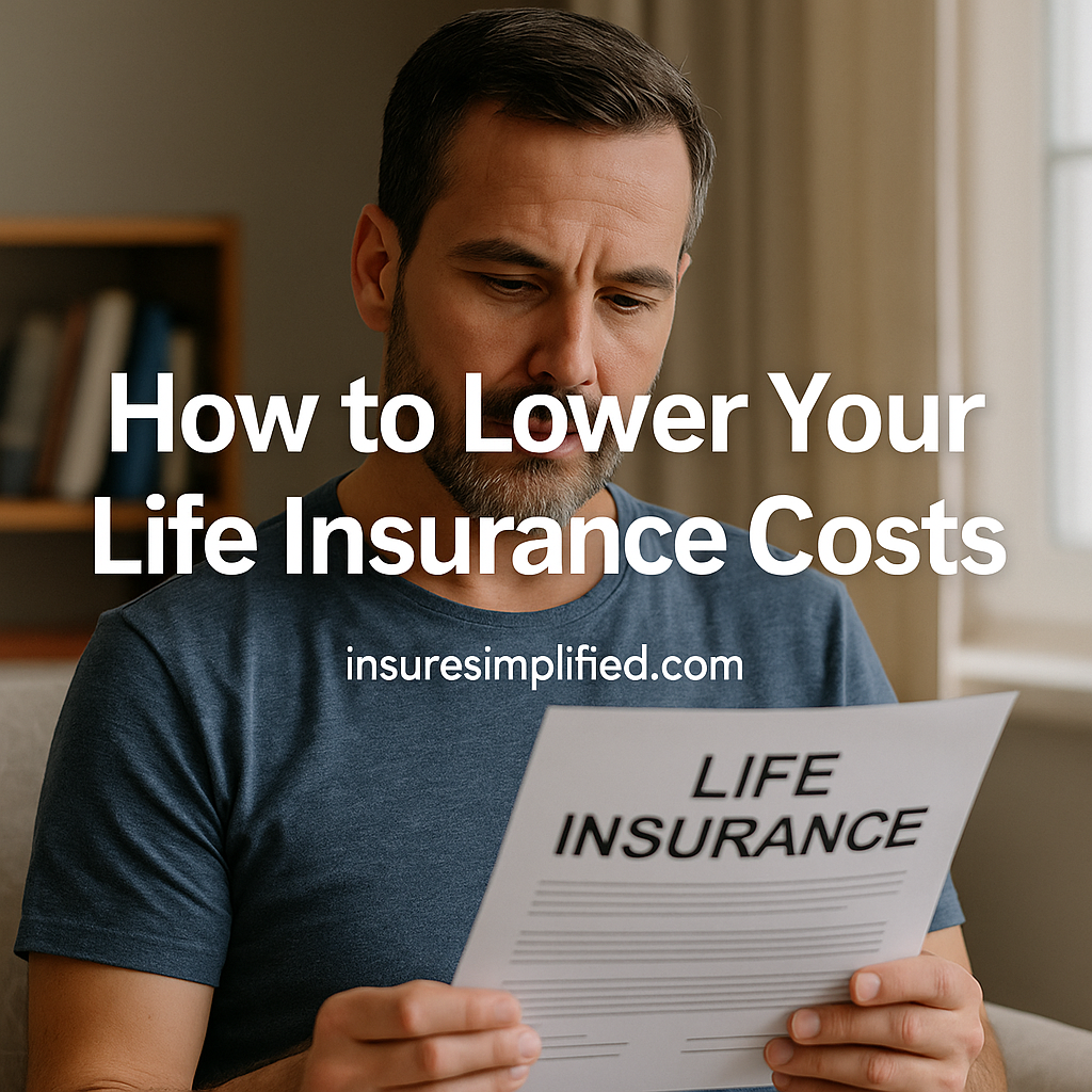 Middle-aged man reading a Life Insurance document with a focused expression, featuring the overlaid title “How to Lower Your Life Insurance Costs” and an insuresimplified.com watermark.
