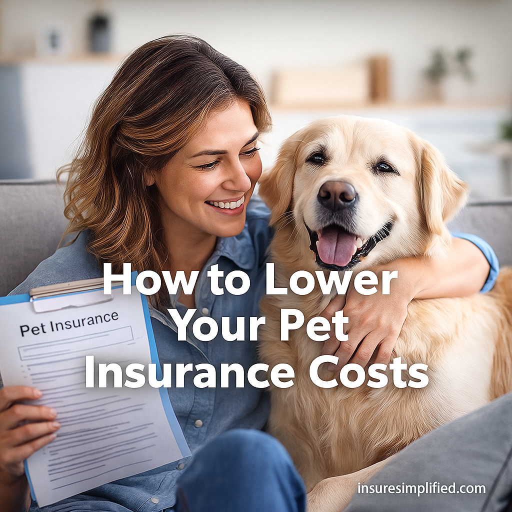 Young woman smiling while holding her golden retriever and reviewing a Pet Insurance document, with the overlaid title “How to Lower Your Pet Insurance Costs” and an insuresimplified.com watermark.