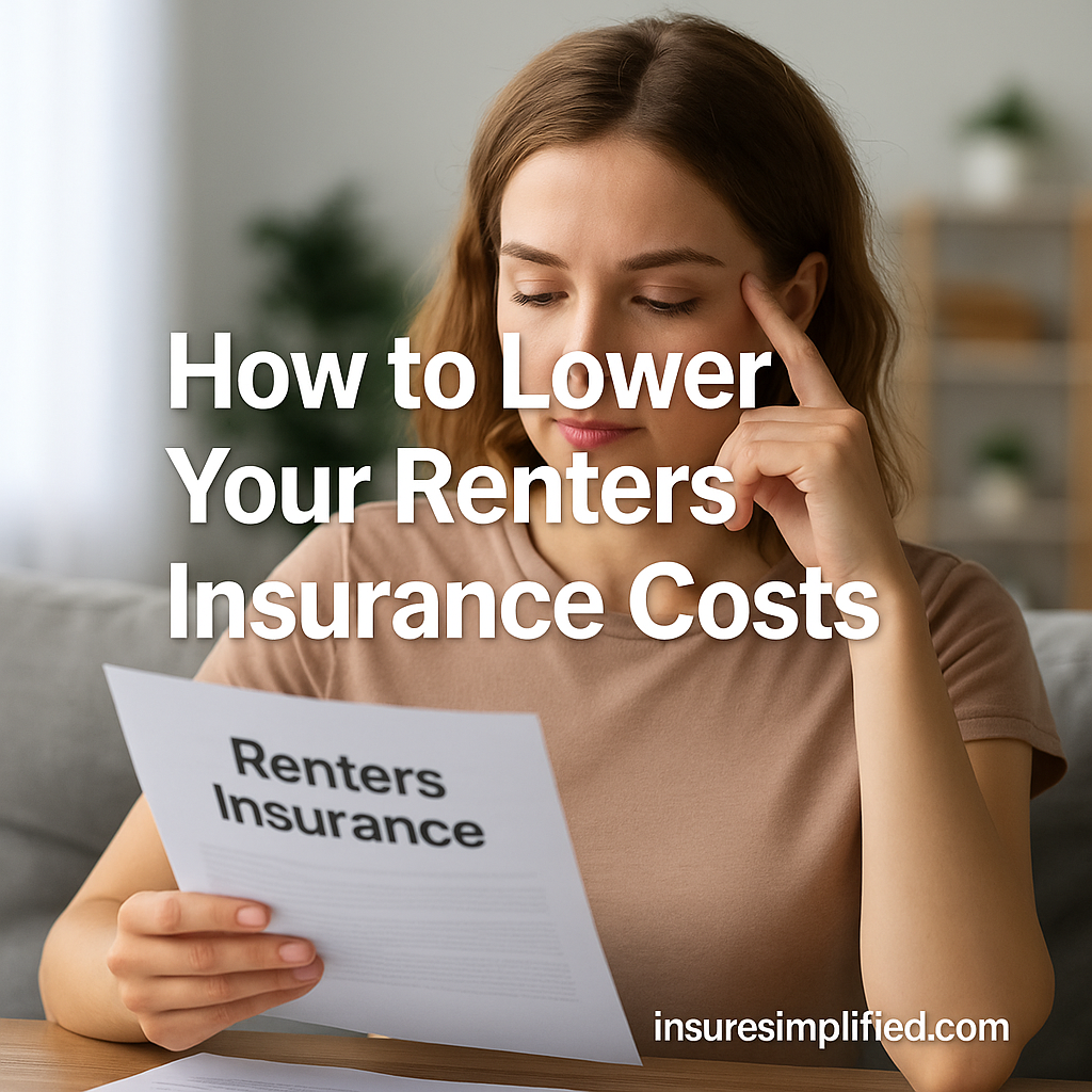 Young woman sitting on a sofa reviewing a Renters Insurance document, with the overlaid title “How to Lower Your Renters Insurance Costs” and an insuresimplified.com watermark.