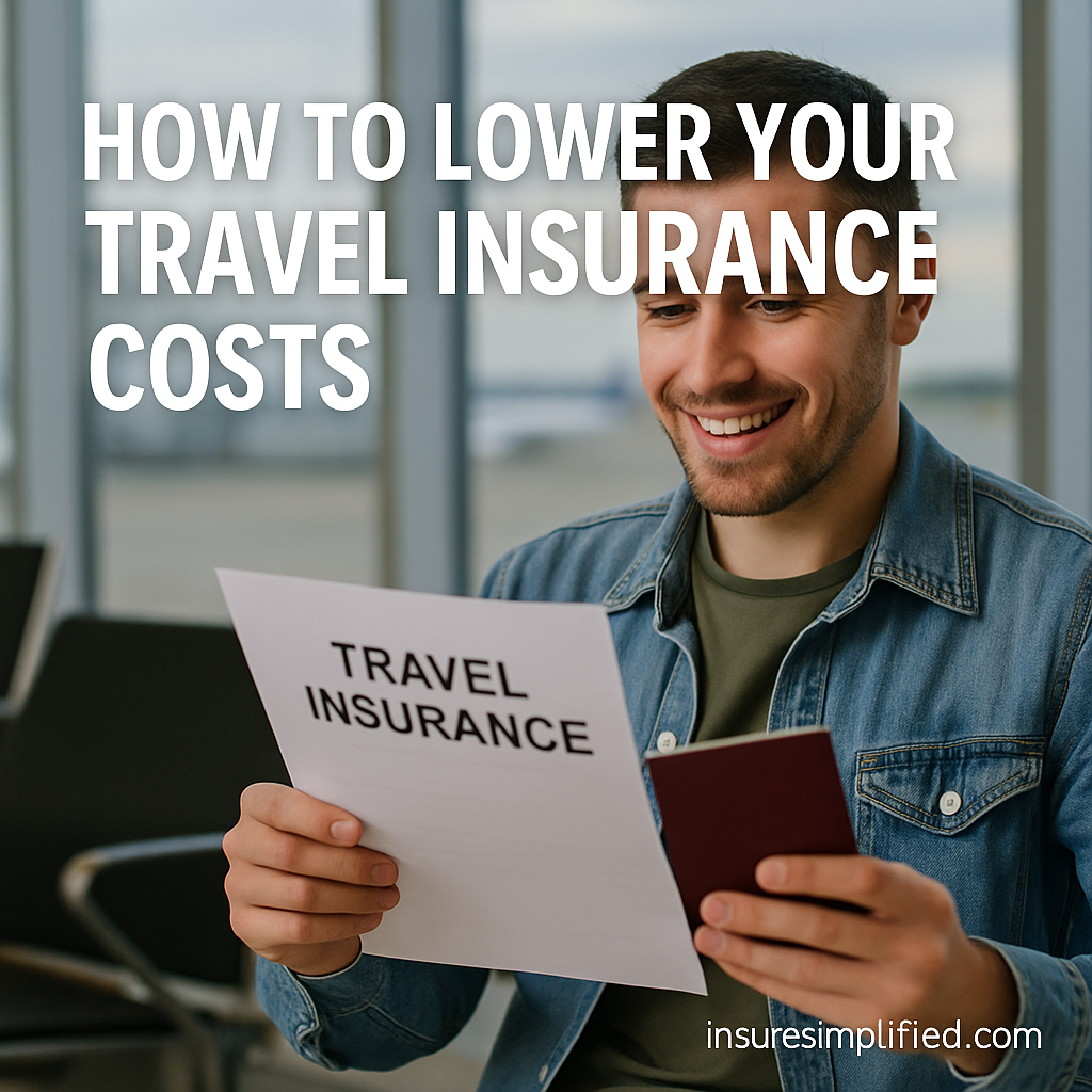 Young man sitting at an airport terminal smiling while reviewing a Travel Insurance document, with the overlaid title “How to Lower Your Travel Insurance Costs” and an insuresimplified.com watermark.