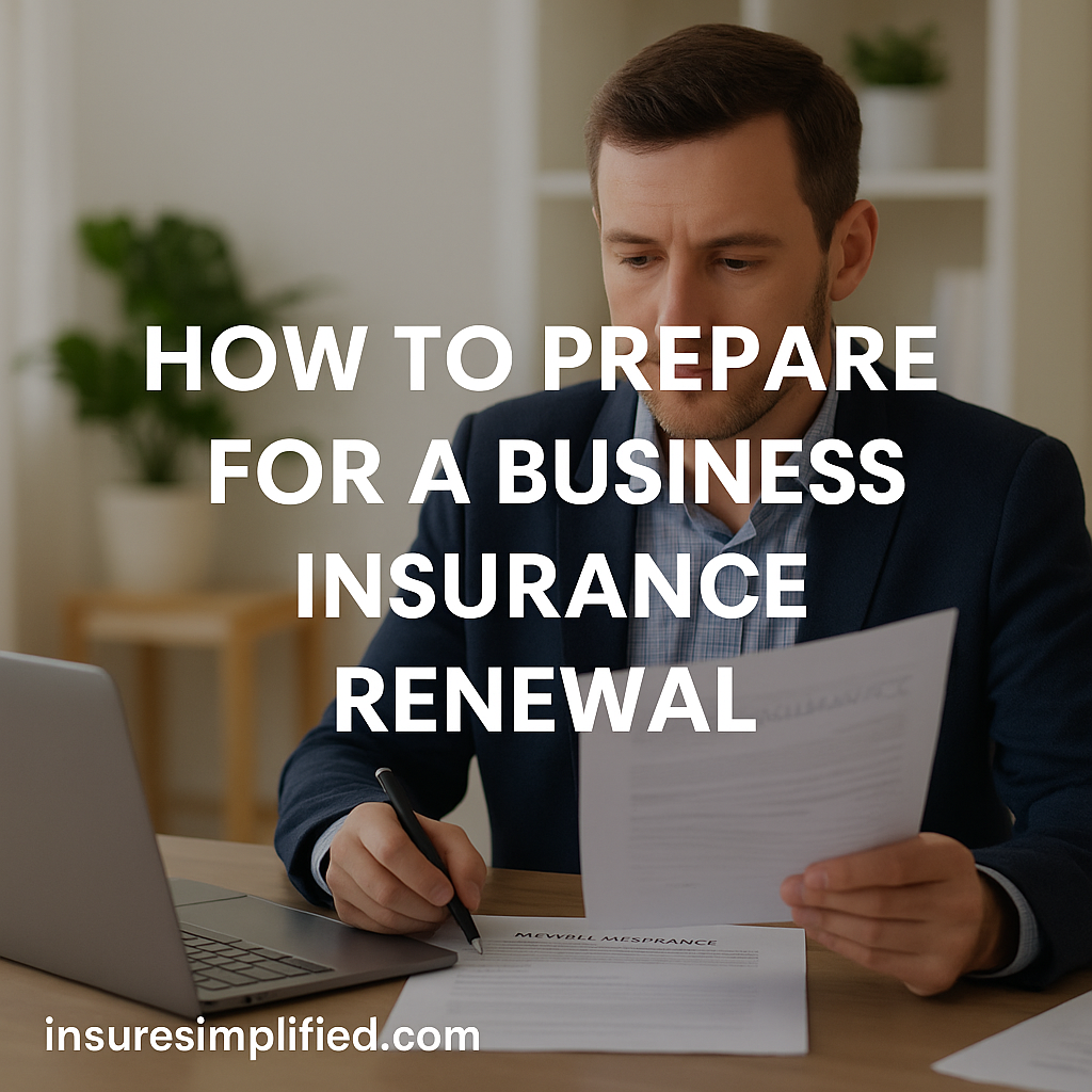 A businessman reviewing documents at his desk with a laptop nearby, featuring the overlaid title “How to Prepare for a Business Insurance Renewal” and an insuresimplified.com watermark in the bottom left.