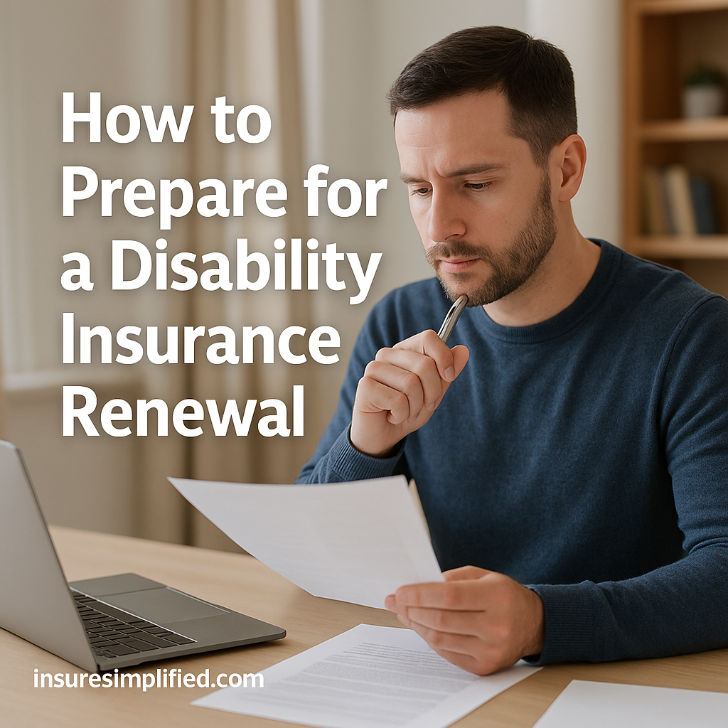 A man sitting at a desk reviewing disability insurance renewal documents with a laptop nearby, with the title “How to Prepare for a Disability Insurance Renewal” overlaid on the image and an insuresimplified.com watermark in the bottom left.