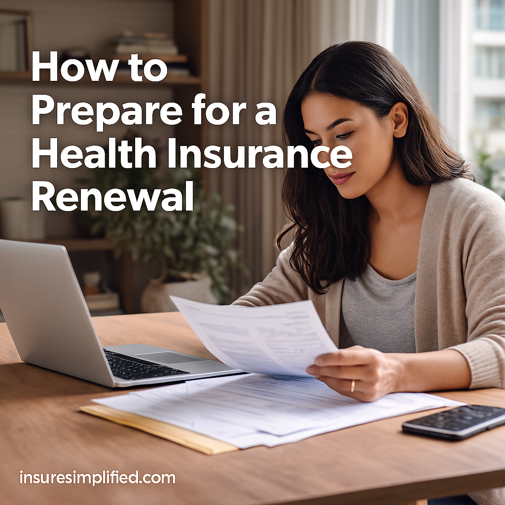 A woman reviewing health insurance renewal documents at a table with a laptop, surrounded by natural light, with the title “How to Prepare for a Health Insurance Renewal” overlaid on the image and an insuresimplified.com watermark in the bottom left.