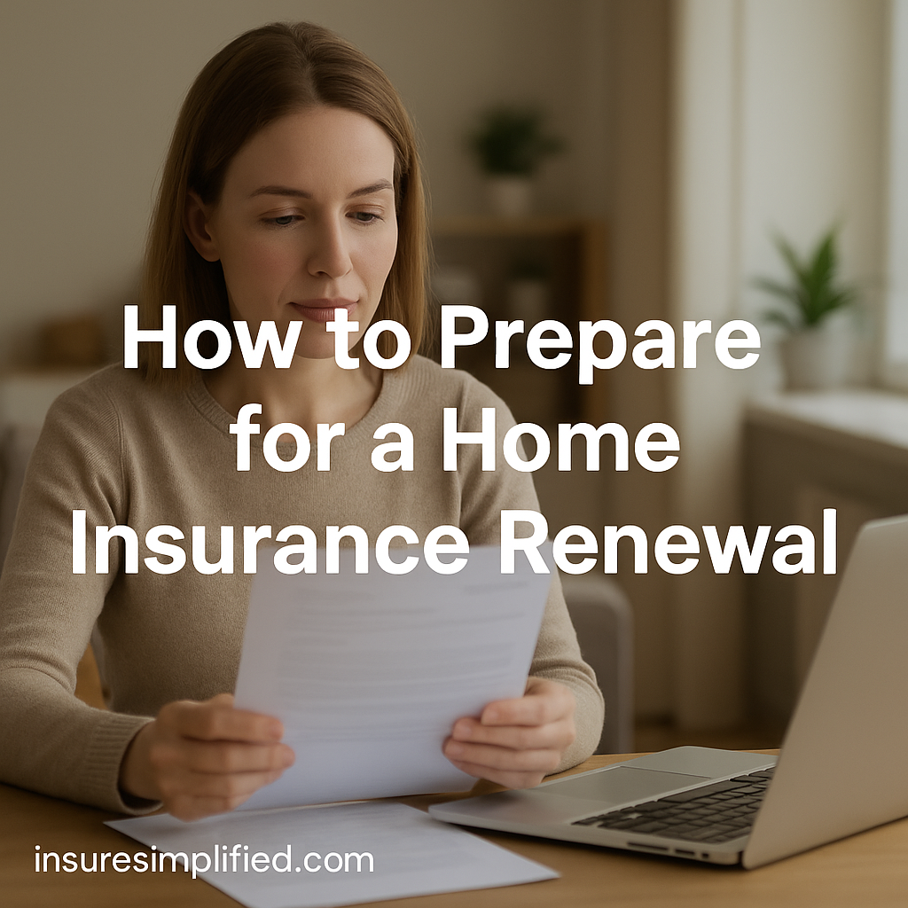 A woman sitting at a table reviewing home insurance renewal documents, with a laptop nearby and the title “How to Prepare for a Home Insurance Renewal” overlaid on the image along with an insuresimplified.com watermark in the bottom left.