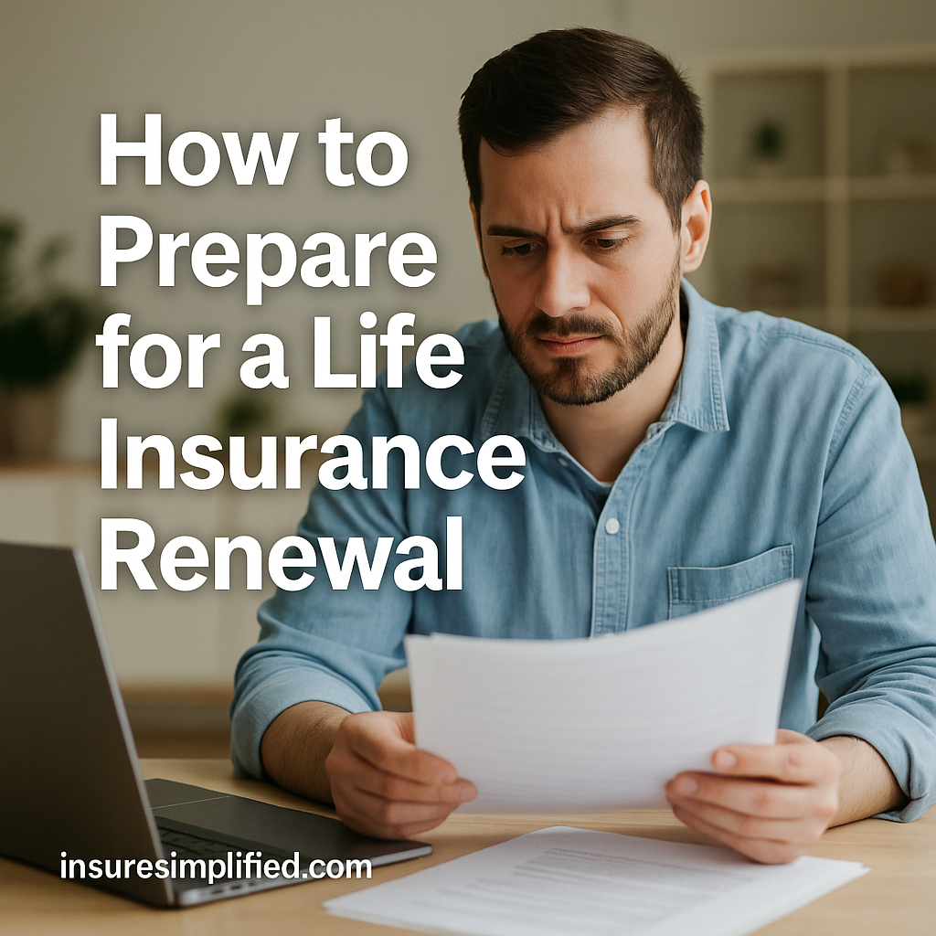 A man sitting at a table reviewing life insurance renewal documents, with a laptop nearby and the title “How to Prepare for a Life Insurance Renewal” overlaid on the image along with an insuresimplified.com watermark in the bottom left.