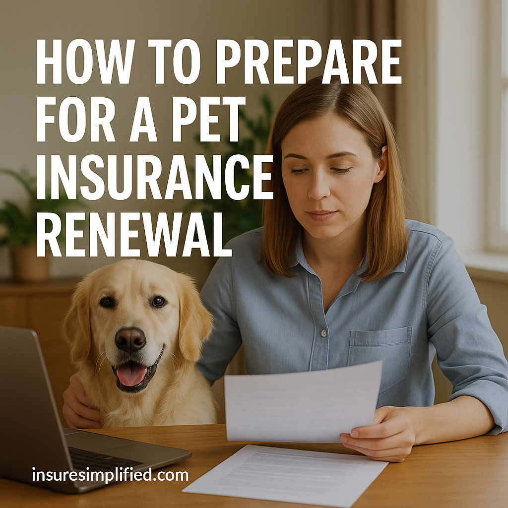 A woman reviewing pet insurance renewal documents at a table with her golden retriever sitting beside her, with the title “How to Prepare for a Pet Insurance Renewal” overlaid on the image and an insuresimplified.com watermark in the bottom left.