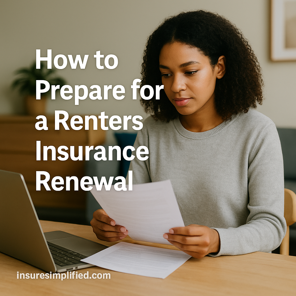 A woman reviewing renters insurance renewal documents at a table with a laptop nearby, with the title “How to Prepare for a Renters Insurance Renewal” overlaid on the image and an insuresimplified.com watermark in the bottom left.