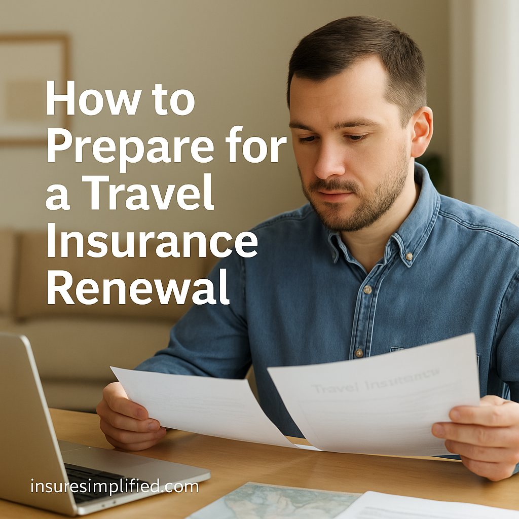A man reviewing travel insurance renewal documents at a table with a laptop and a map, with the title “How to Prepare for a Travel Insurance Renewal” overlaid on the image and an insuresimplified.com watermark in the bottom left.