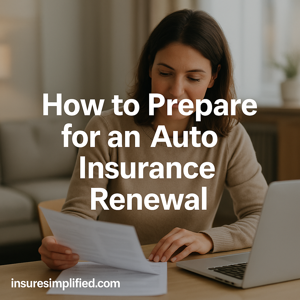 A woman reviewing documents at a table with a laptop open, featuring the overlaid title “How to Prepare for an Auto Insurance Renewal” and an insuresimplified.com watermark in the bottom left.
