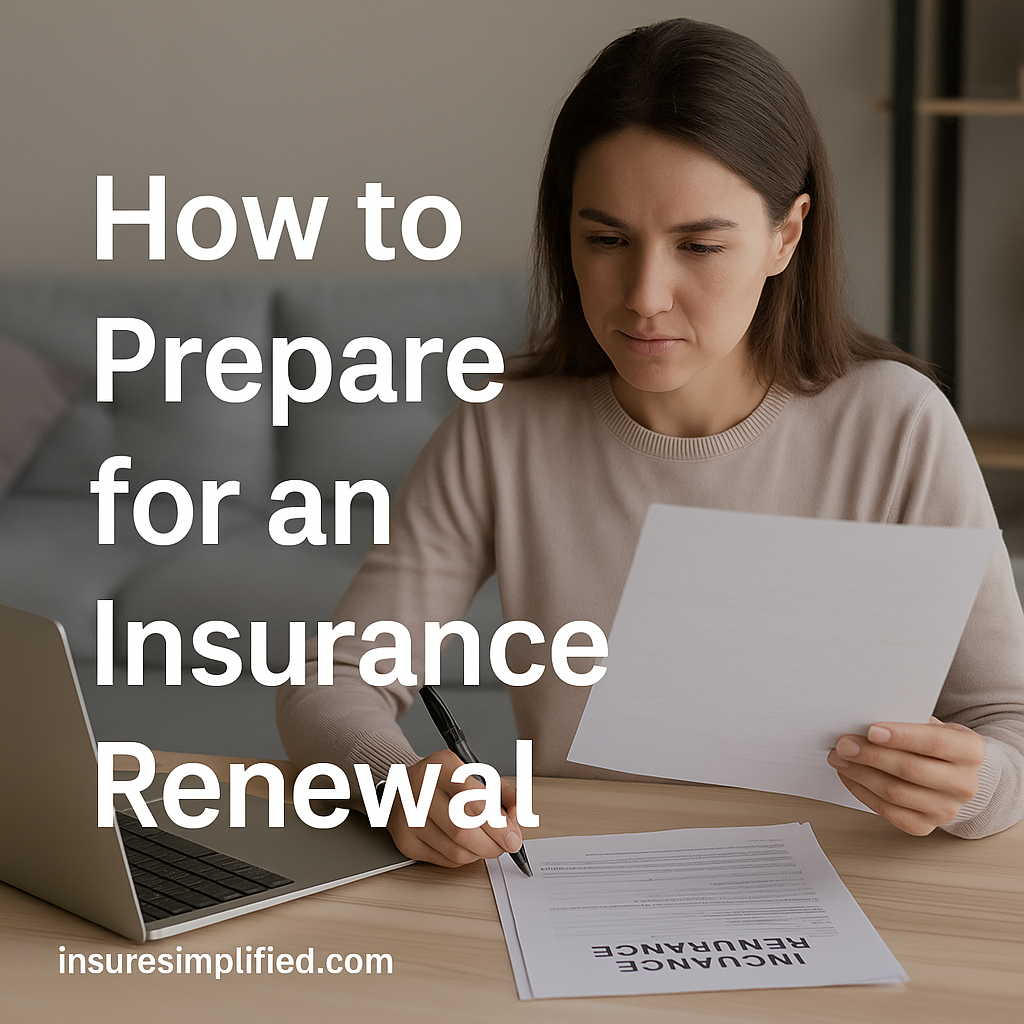 A woman reviewing insurance renewal documents at a desk with a laptop beside her, with the title “How to Prepare for an Insurance Renewal” overlaid on the image and an insuresimplified.com watermark in the bottom left.